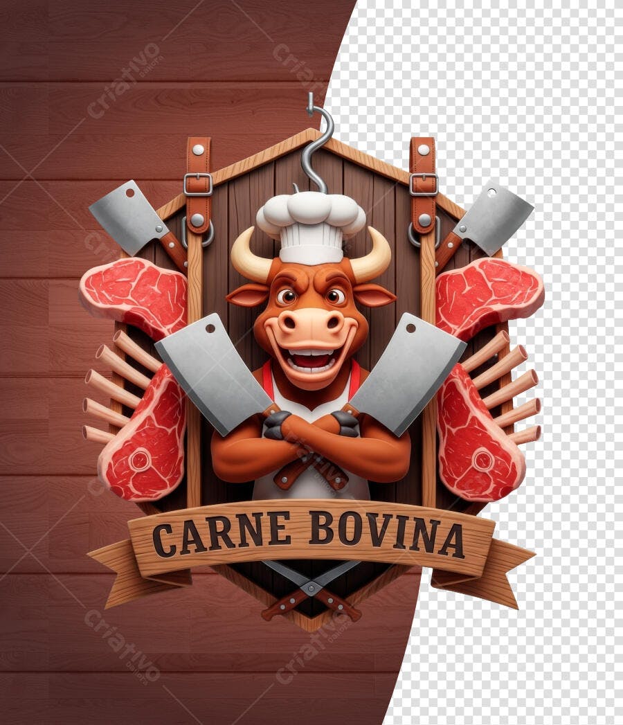 Logo Açougue Carne Bovina Mascote Boi PSD Editável