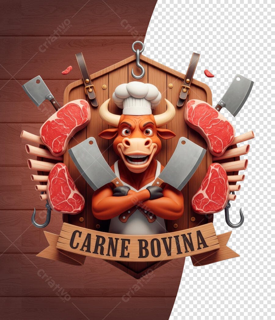 Logo Mascote Açougue Carne Bovina PSD Editável