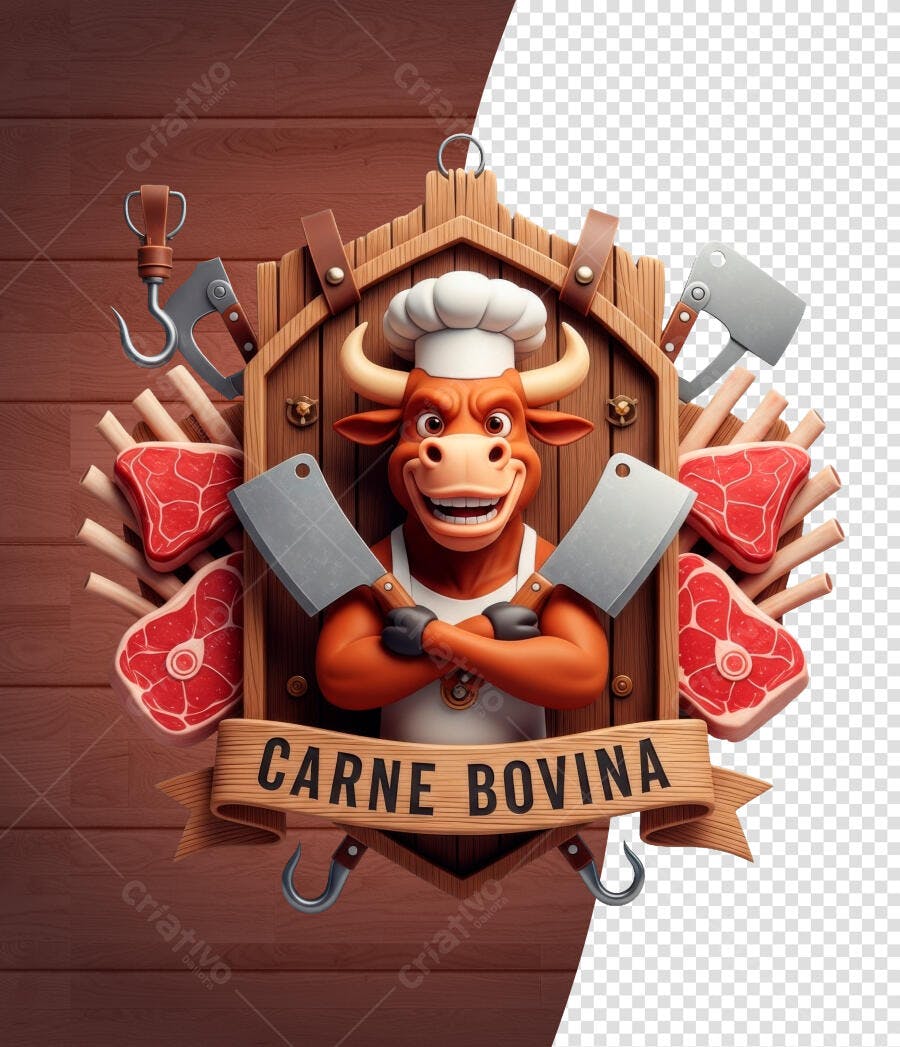 Logo Mascote Açougue Carne Bovina PSD Editável