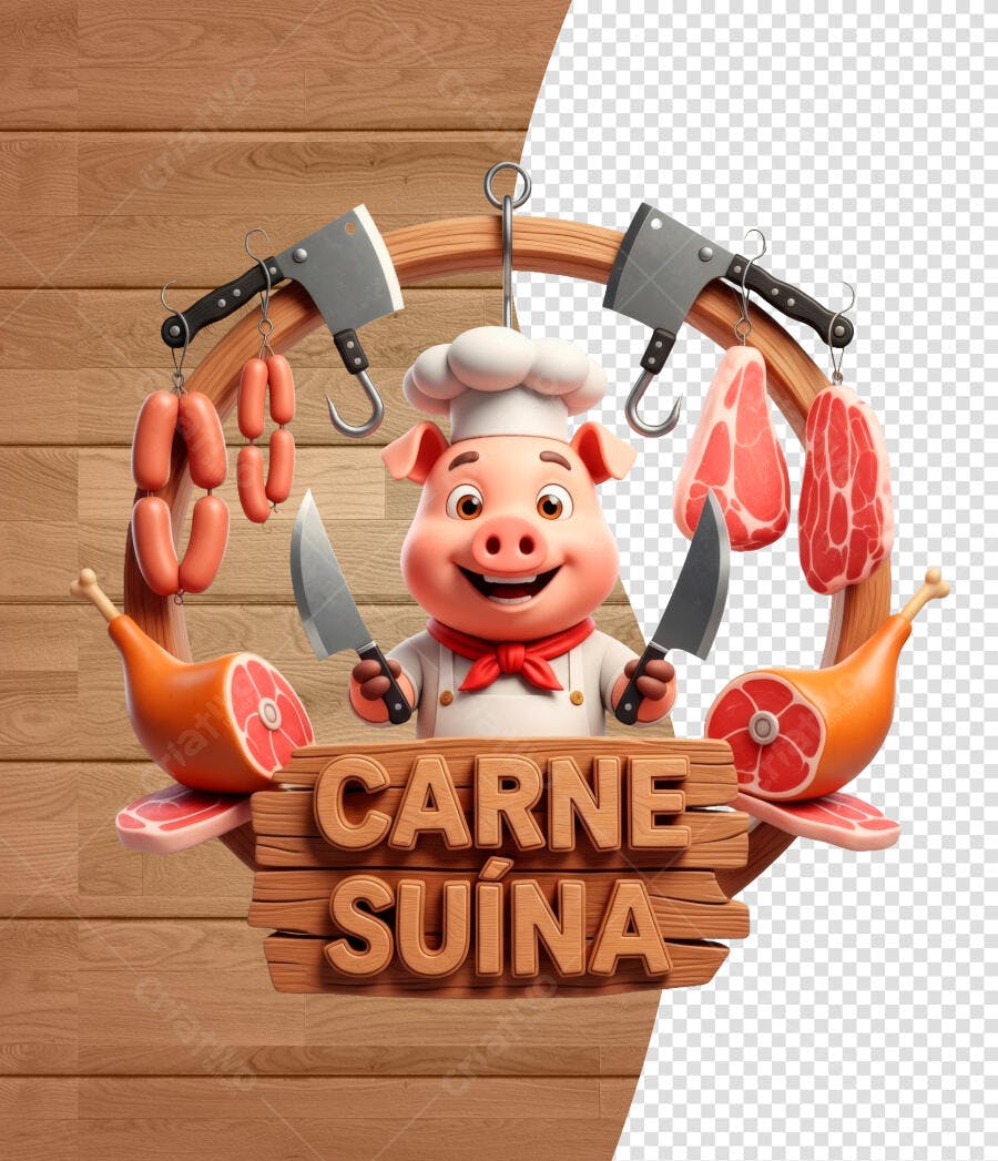 Ícone 3D Mascote Açougue Carne Suína PSD Editável