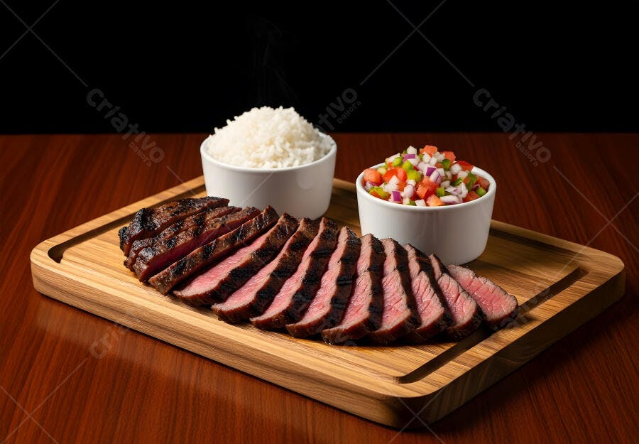 Foto Picanha Fatiada com Arroz e Vinagrete Tábua de Madeira