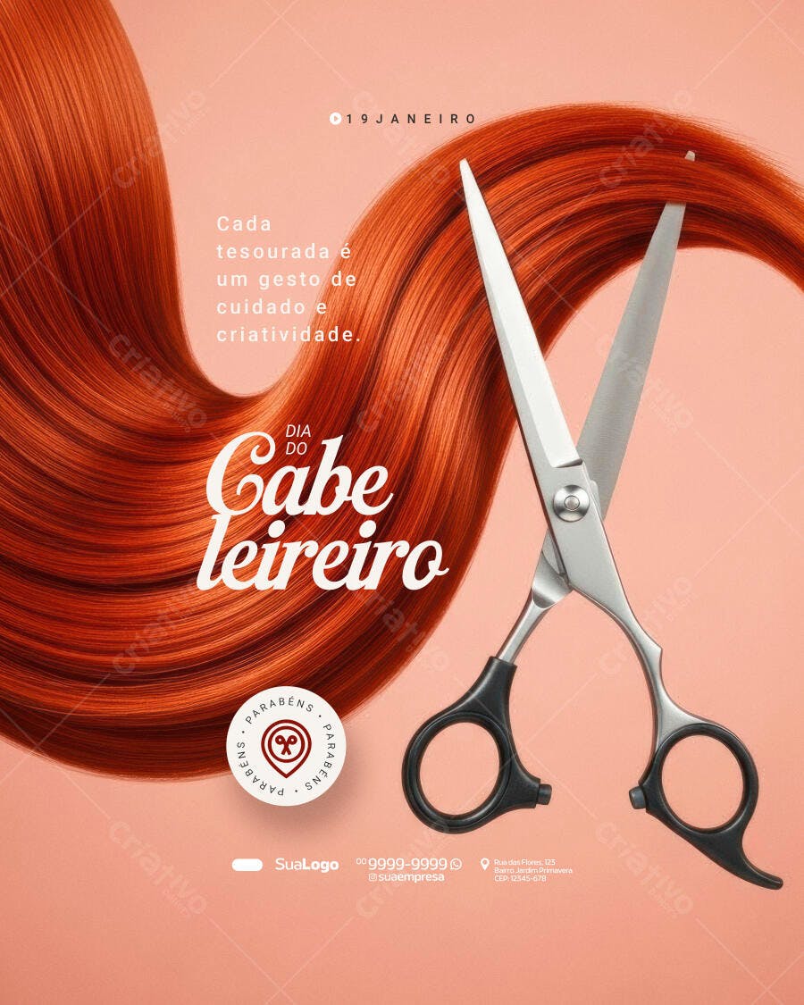 Post Instagram Dia do Cabeleireiro Salão de Beleza PSD Editável