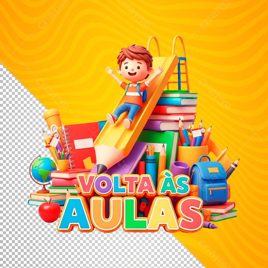 Volta às Aulas Criança Escorregador Material Escolar PSD Editável