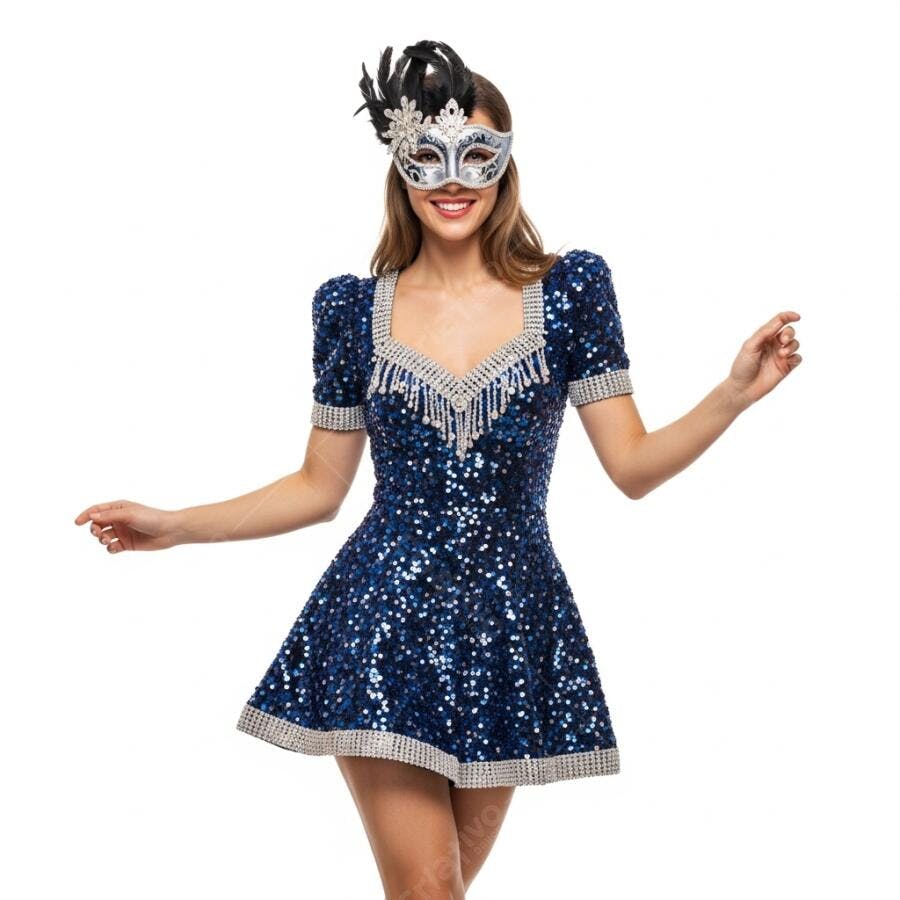 Foto Mulher Sorrindo Fantasia Carnaval Azul Máscara Veneziana