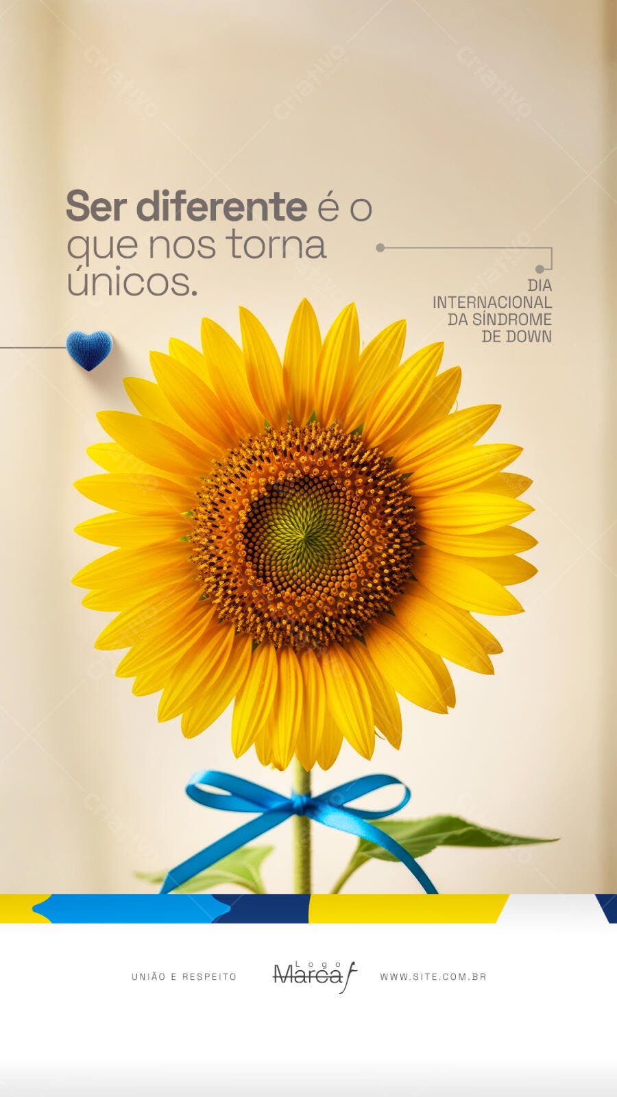 Flyer Social Dia Síndrome de Down Girassol Laço Azul PSD Editável