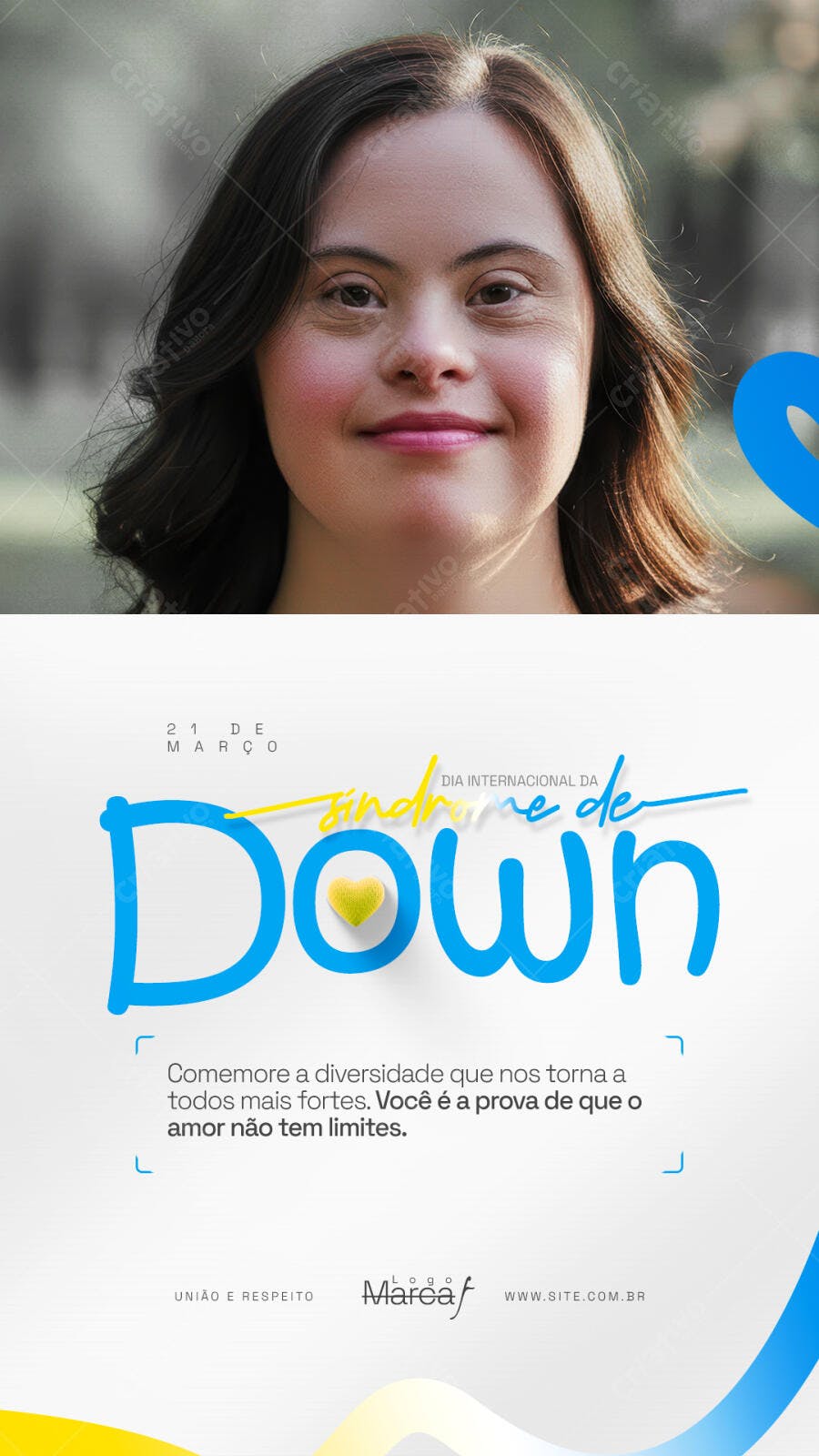 Flyer para Dia Internacional da Síndrome de Down com Jovem Mulher Sorrindo PSD Editável