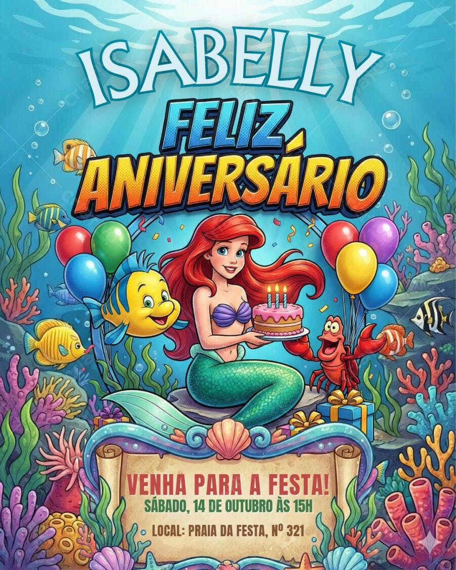 Convite Aniversário Ariel Pequena Sereia Editável