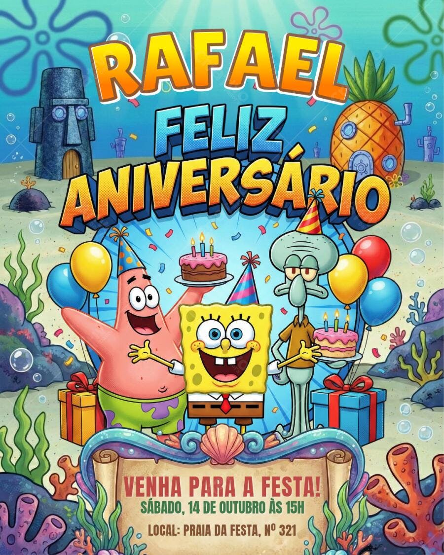 Convite Aniversário Bob Esponja Fundo do Mar Editável