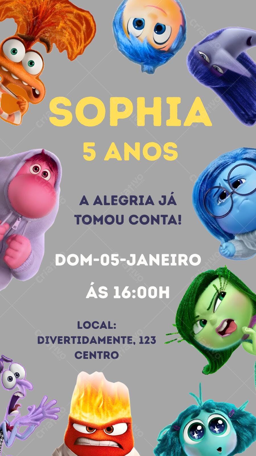 Convite Aniversário Divertidamente 5 Anos Editável