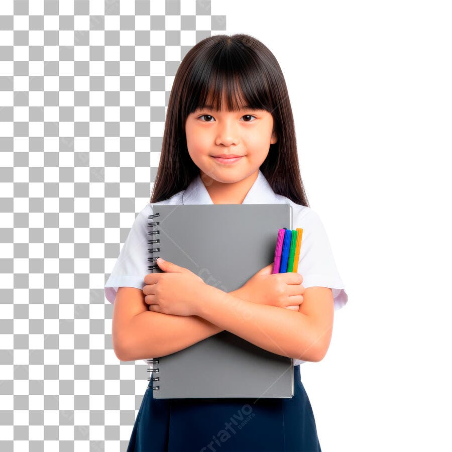 Foto Recortada Menina Estudante Caderno Canetas PNG Fundo Transparente