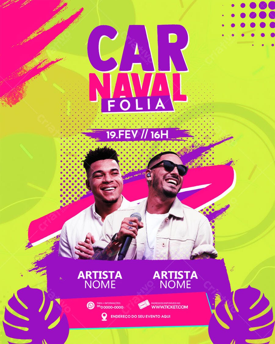 Flyer de Carnaval Folia com Dois Cantores e Cores Neons PSD Editável