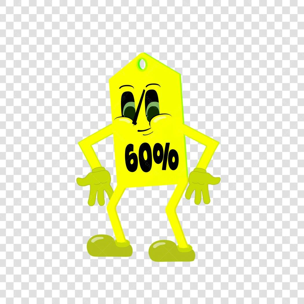 Personagem Ilustrado Etiqueta 60% Desconto Amarelo PNG Fundo Transparente