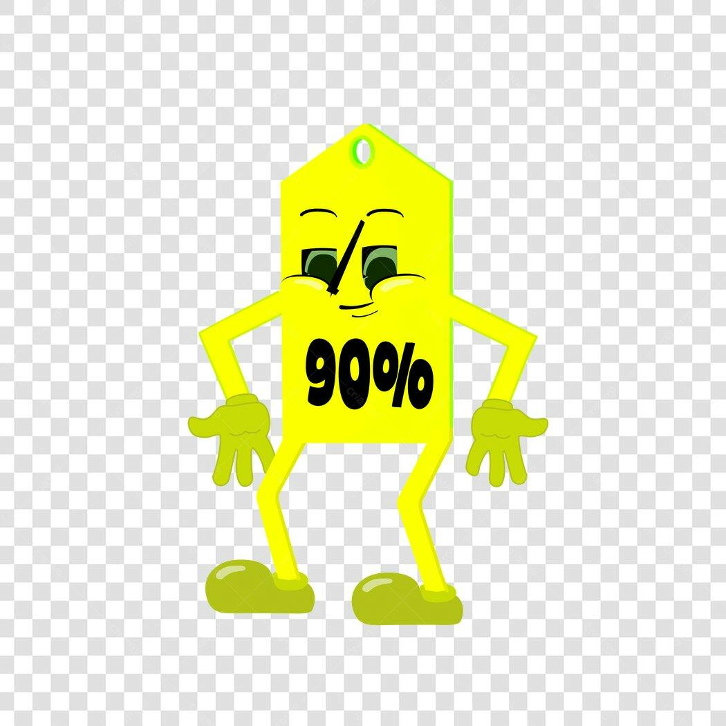 Personagem Ilustrado Etiqueta Desconto 90% Amarelo PNG Fundo Transparente