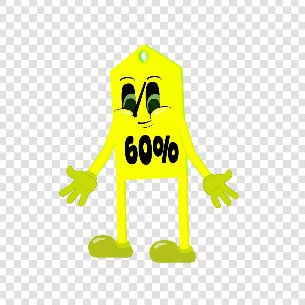 Personagem Ilustrado Etiqueta 60% Desconto Amarelo PNG Fundo Transparente