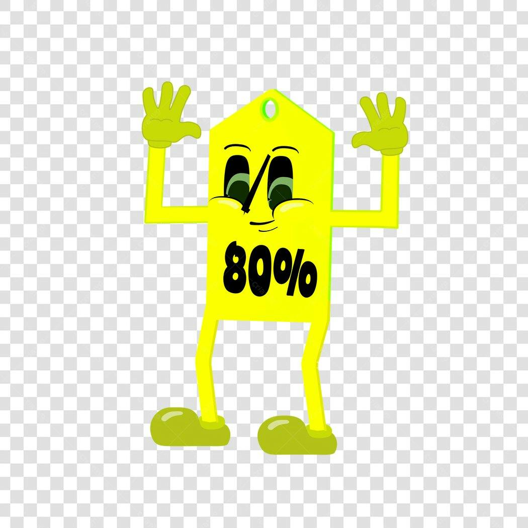 Personagem Ilustrado Etiqueta Desconto 80% Amarelo PNG Fundo Transparente