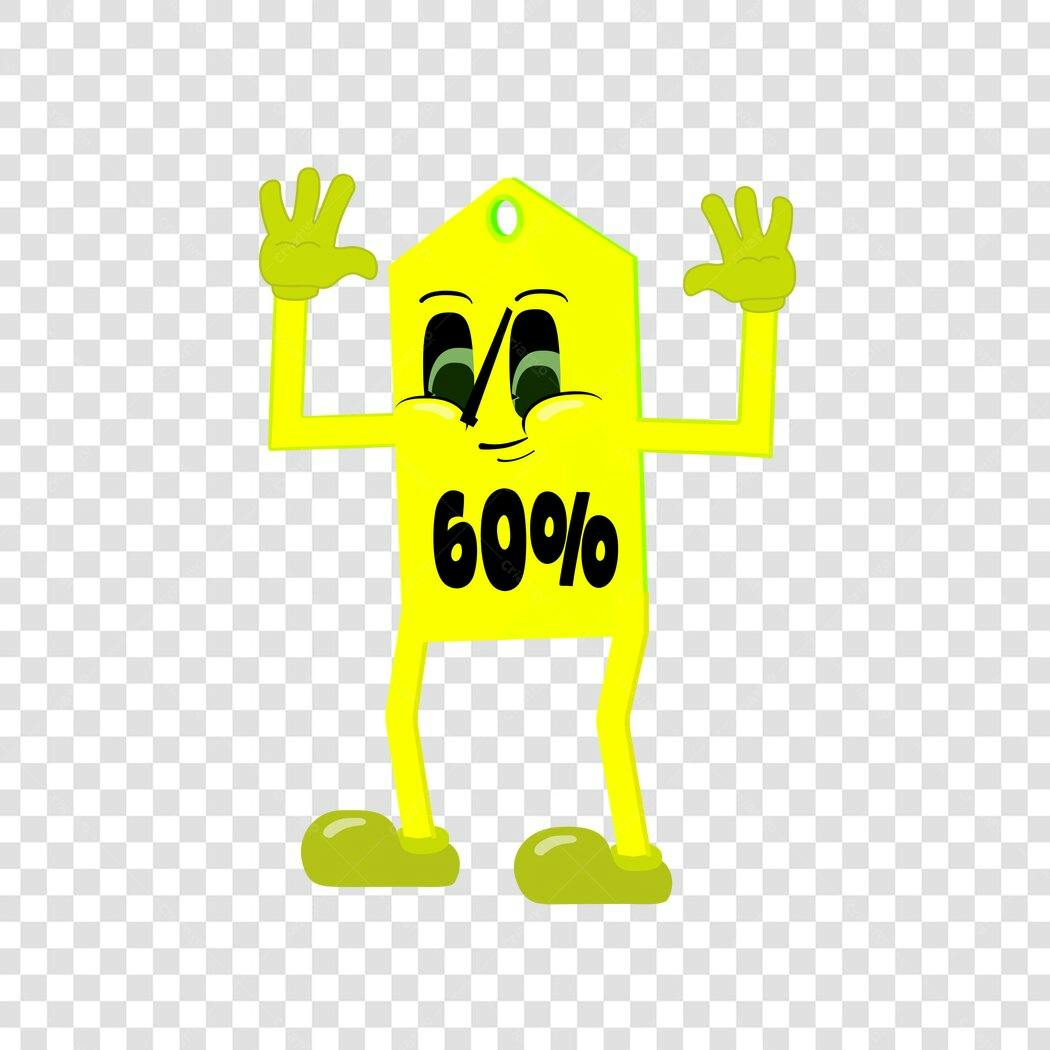 Personagem Ilustrado Etiqueta 60% Desconto Amarelo PNG Fundo Transparente