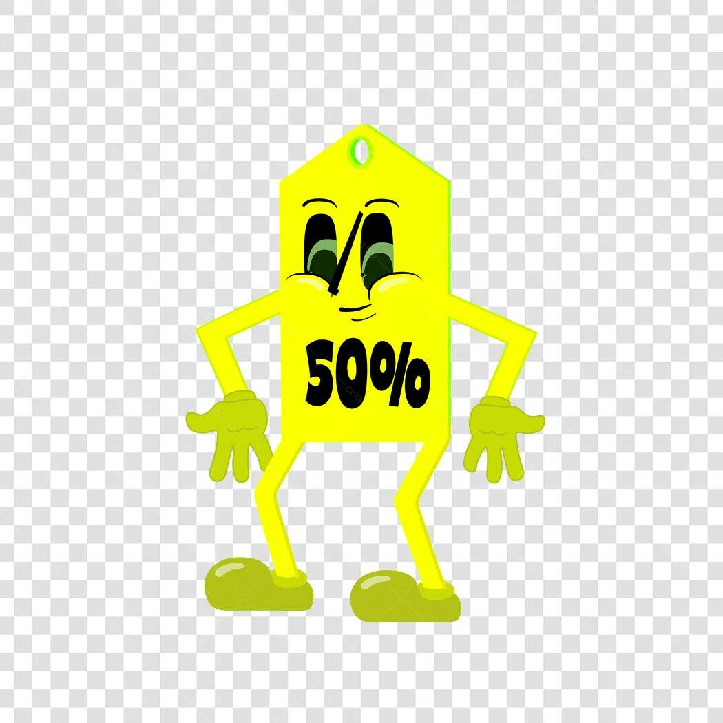 Personagem Ilustrado Etiqueta Desconto 50% Amarelo PNG Fundo Transparente