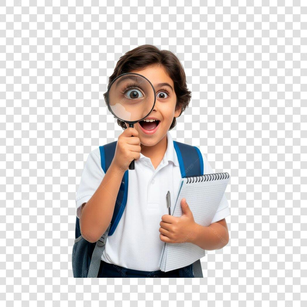 Foto Recortada Criança Estudante Lupa Caderno PNG Fundo Transparente