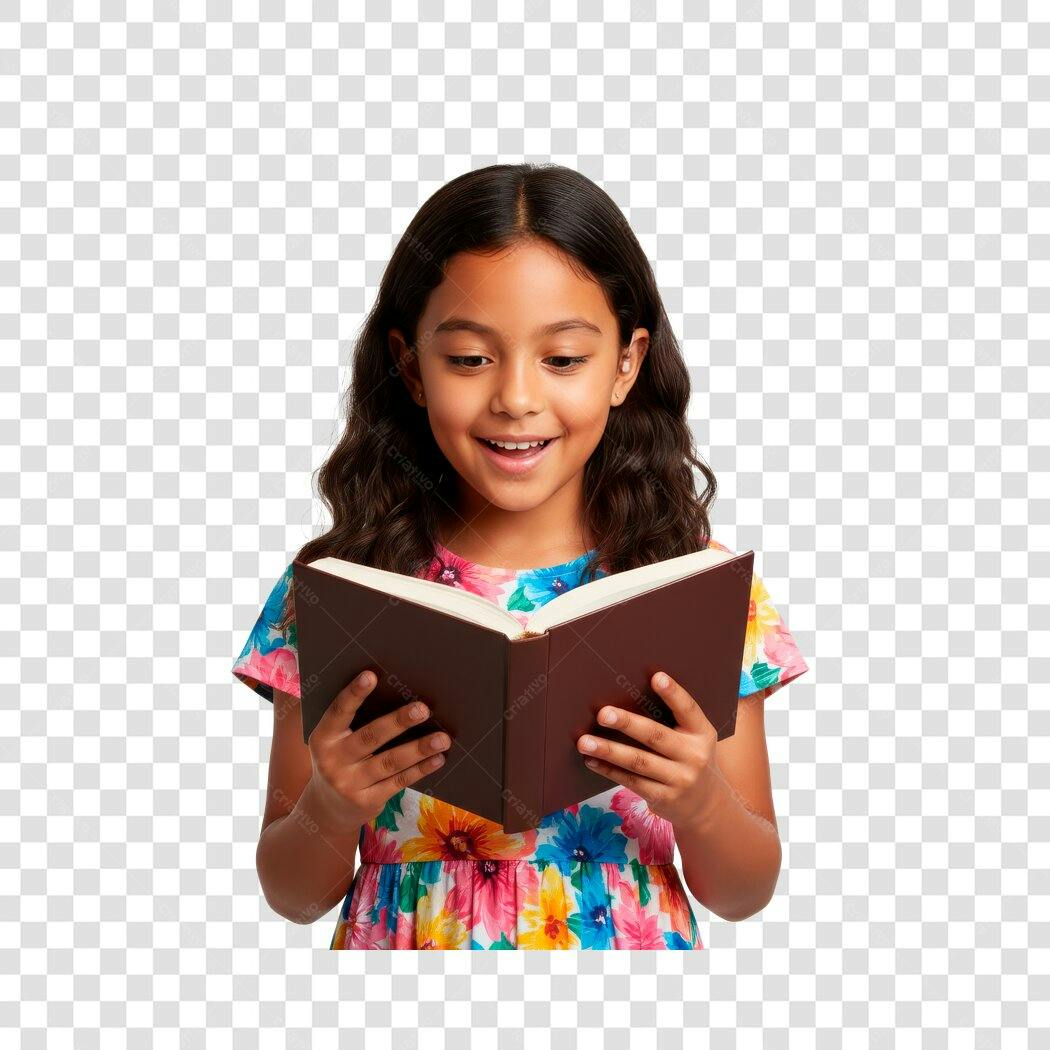 Foto Recortada Menina Lendo Livro Sorrindo PNG Fundo Transparente