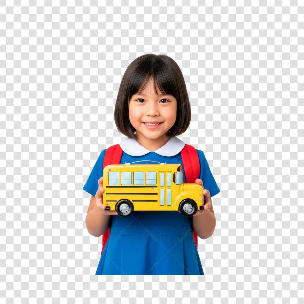 Foto Recortada Menina Estudante Ônibus Escolar PNG Fundo Transparente