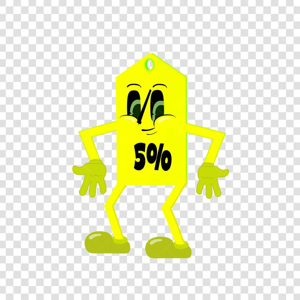 Personagem Ilustrado Etiqueta Preço 5% Amarelo PNG Fundo Transparente