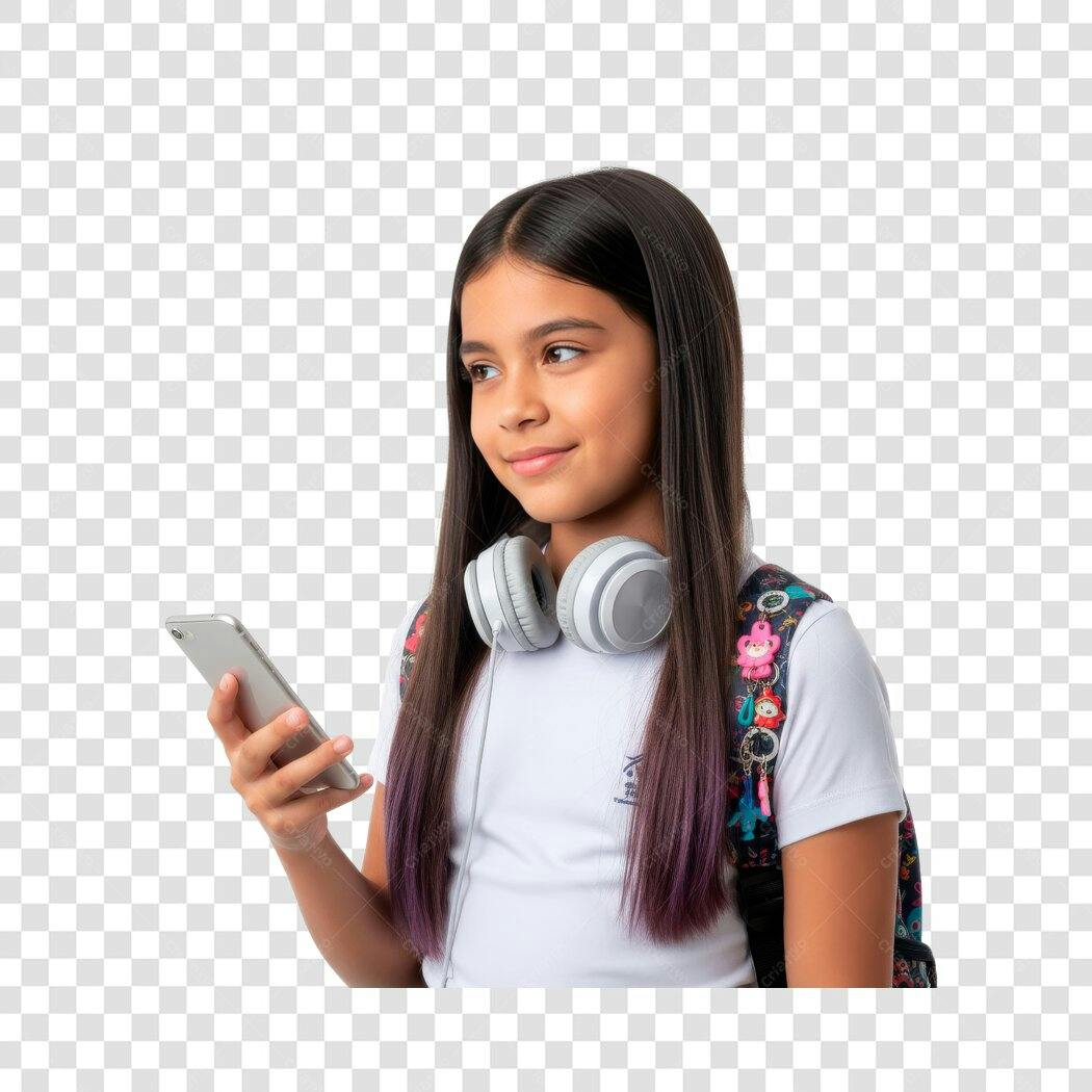 Foto Recortada Menina Estudante Fone Celular PNG Fundo Transparente