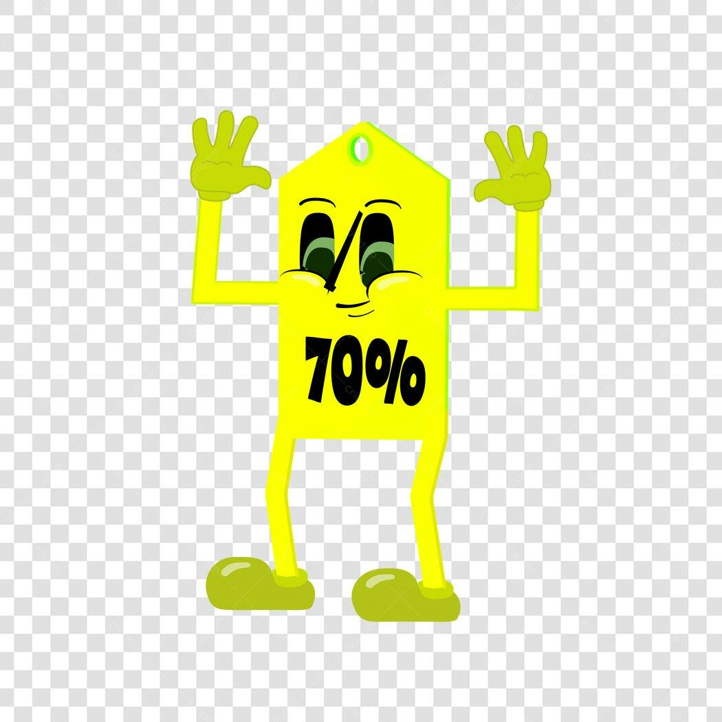 Personagem Ilustrado Etiqueta 70% Desconto Amarelo PNG Fundo Transparente