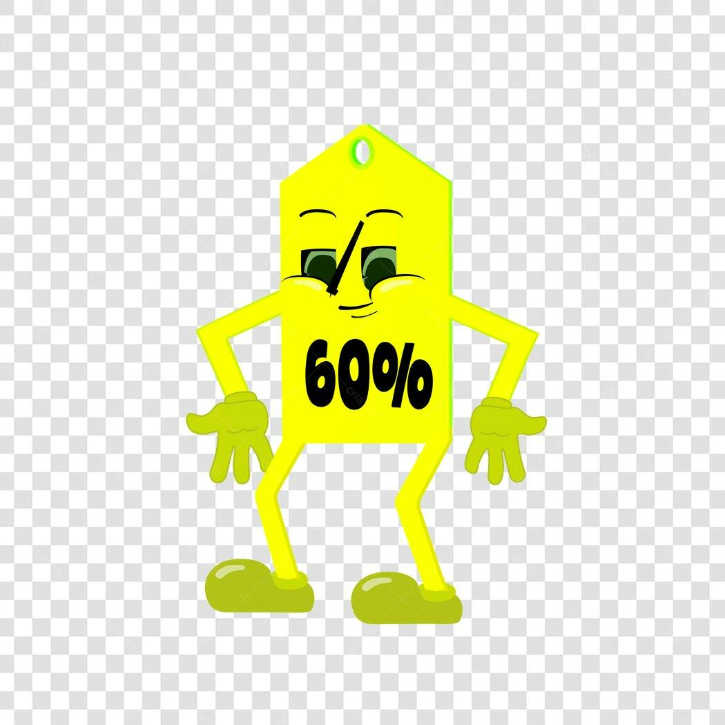 Personagem Ilustrado Etiqueta 60% Desconto Amarelo PNG Fundo Transparente