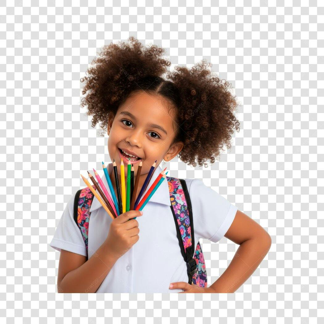Foto Recortada Menina Estudante Lápis Coloridos PNG Fundo Transparente