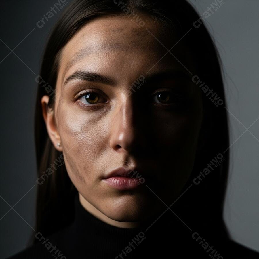 Foto Retrato Mulher Jovem com Marcas no Rosto Iluminação Dramática