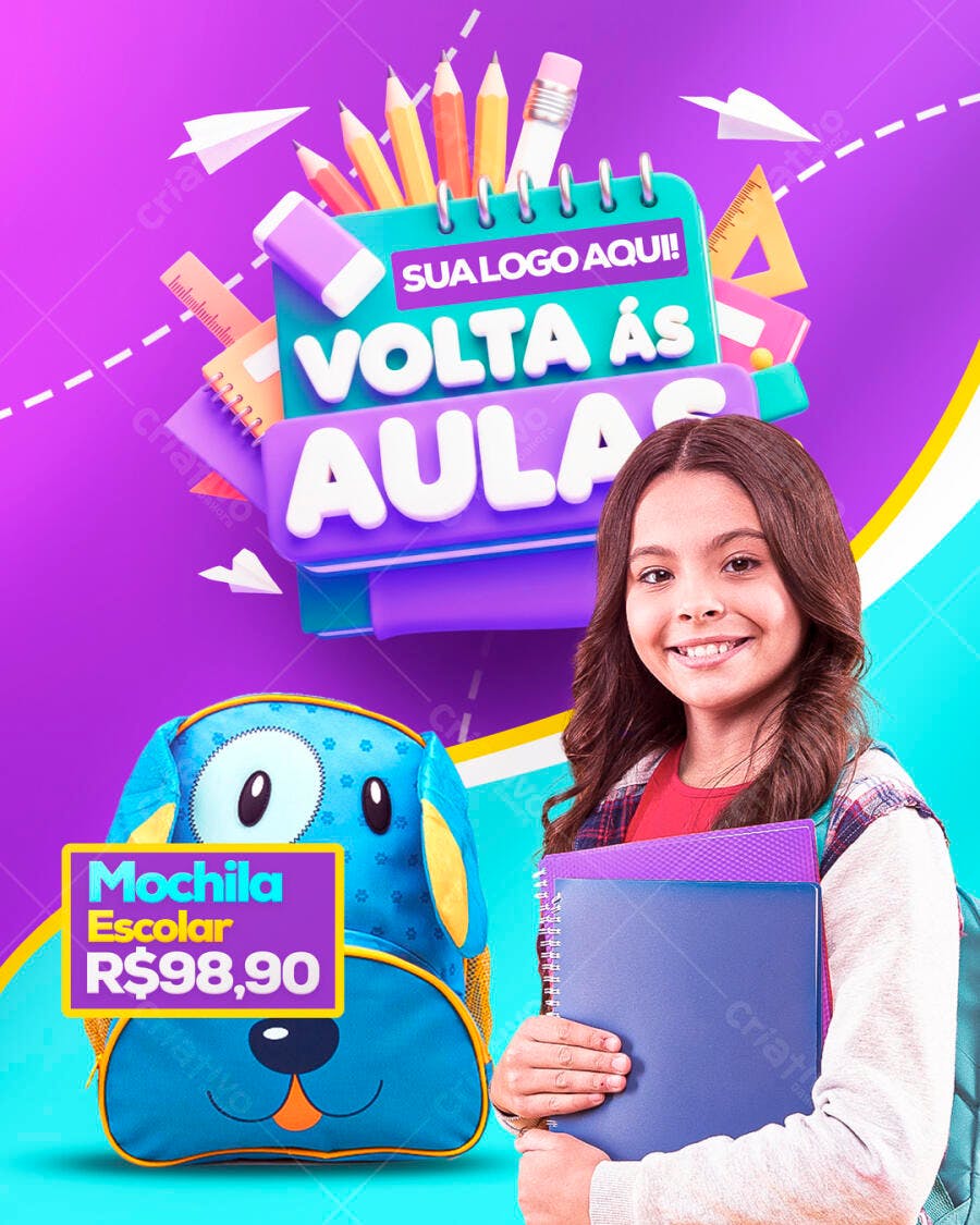 Post Instagram Volta às Aulas Material Escolar PSD Editável