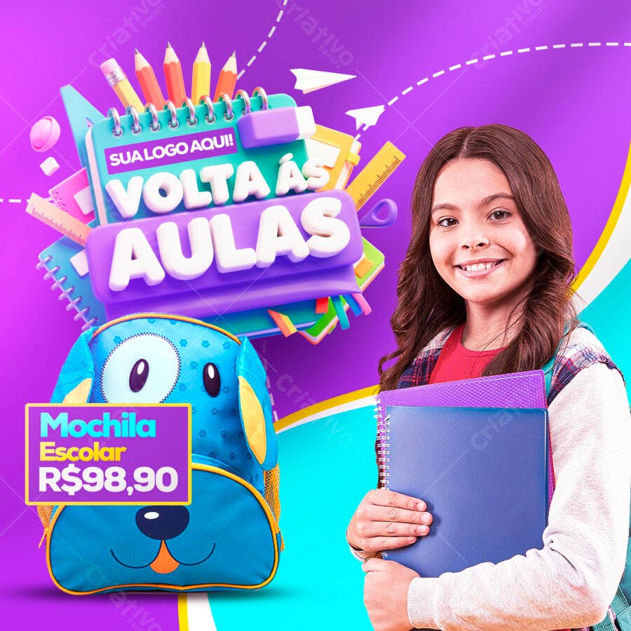 Post Instagram Volta às Aulas Mochila Escolar PSD Editável