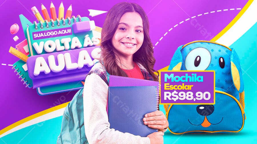 Banner Volta às Aulas Material Escolar PSD Editável