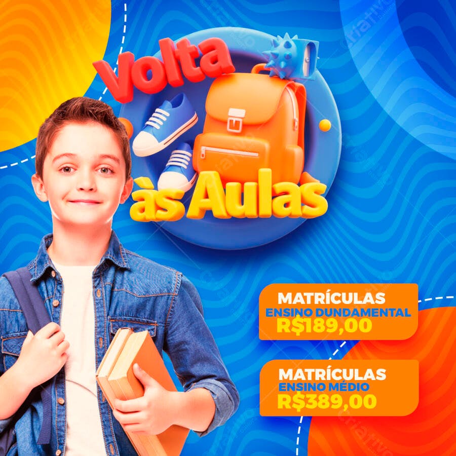 Post Instagram Volta às Aulas Escola Ensino PSD Editável