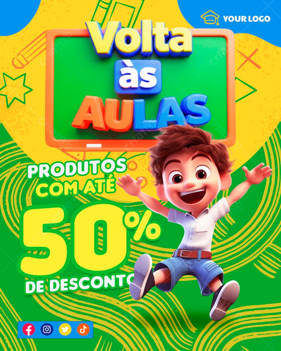 Post Instagram Volta às Aulas Desconto 50% PSD Editável