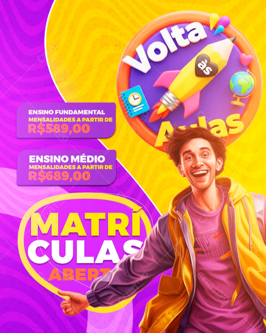 Flyer Volta às Aulas Matrículas Abertas Escola PSD Editável