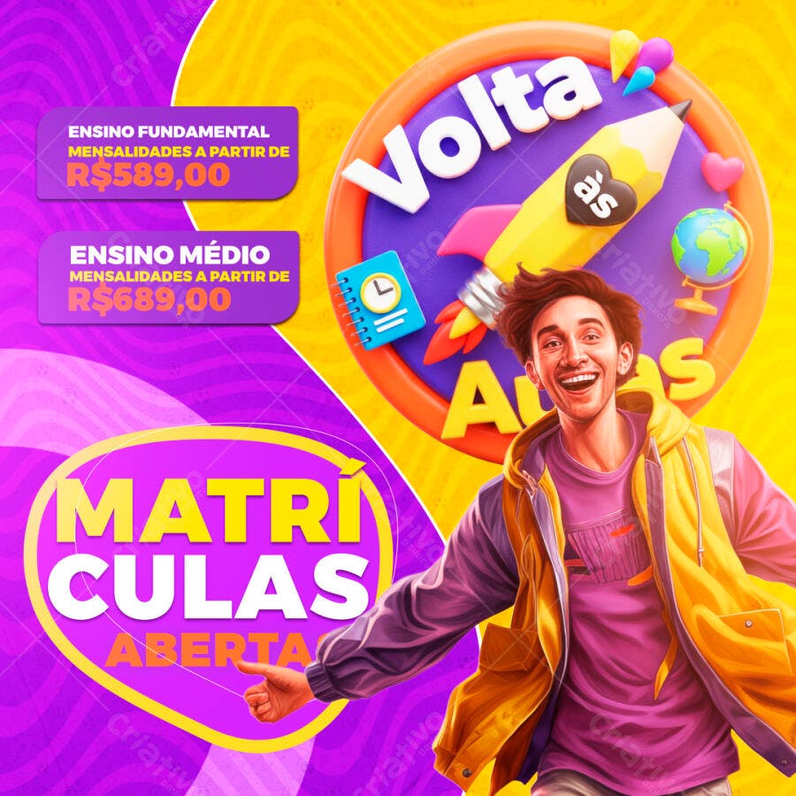 Post Instagram Volta às Aulas Matrículas Abertas PSD Editável