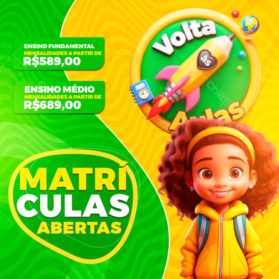 Post Instagram Matrículas Abertas Volta às Aulas PSD Editável