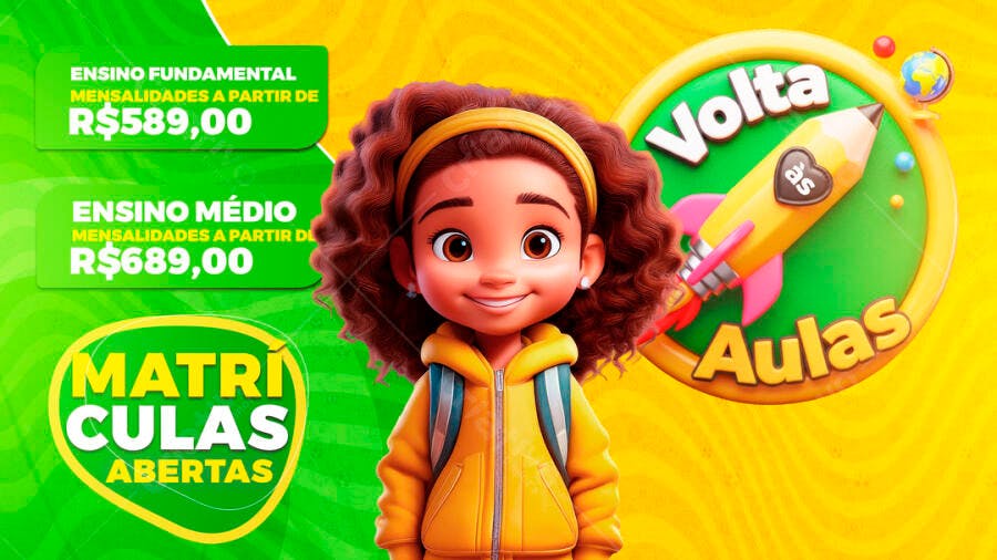 Flyer Volta às Aulas Matrículas Abertas Escola PSD Editável