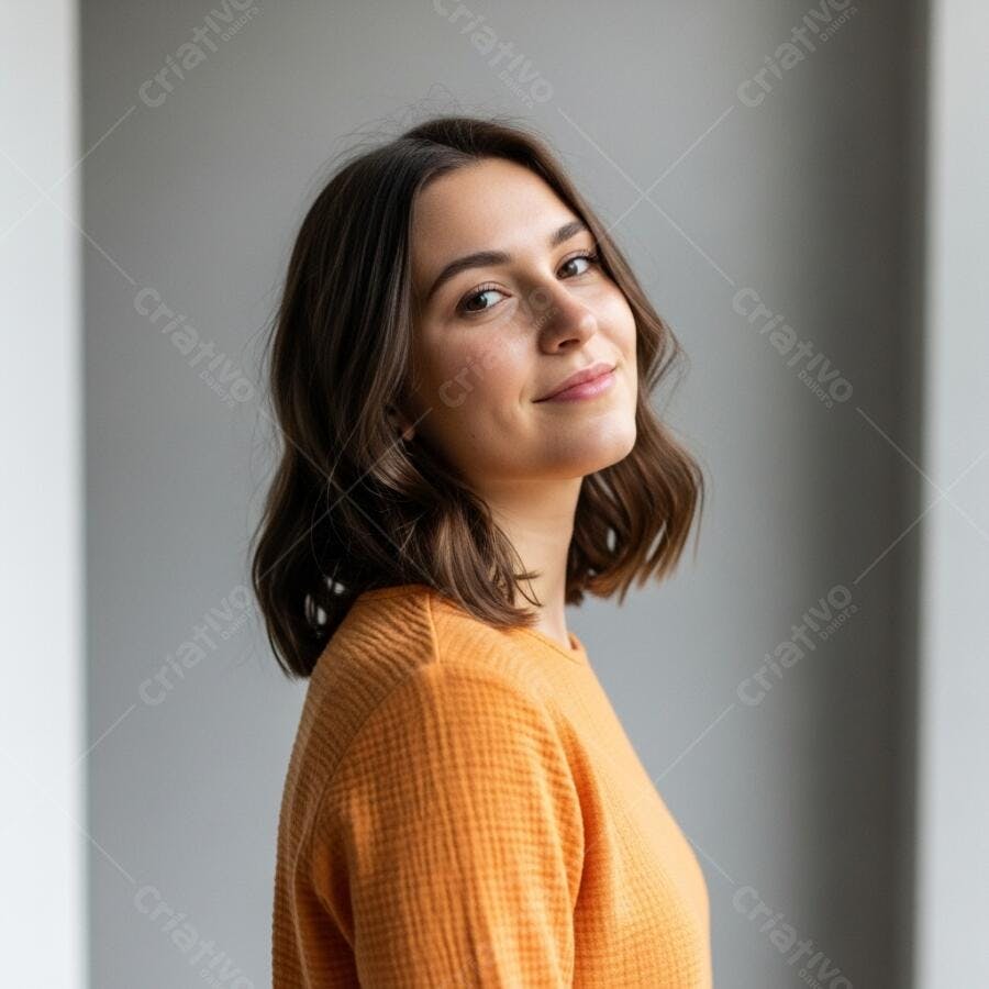 Foto Retrato Mulher Jovem Sorrindo Olhando Câmera Fundo Cinza