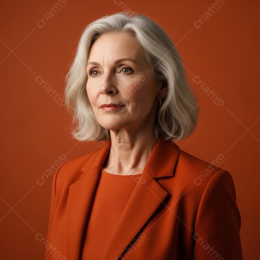 Foto Retrato Mulher Idosa Cabelo Branco Blazer Laranja Fundo Liso