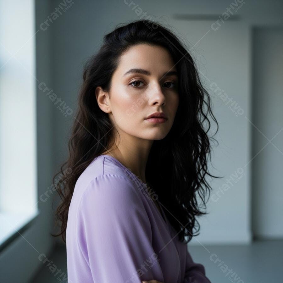Foto Retrato Mulher Jovem Olhando Câmera Fundo Neutro