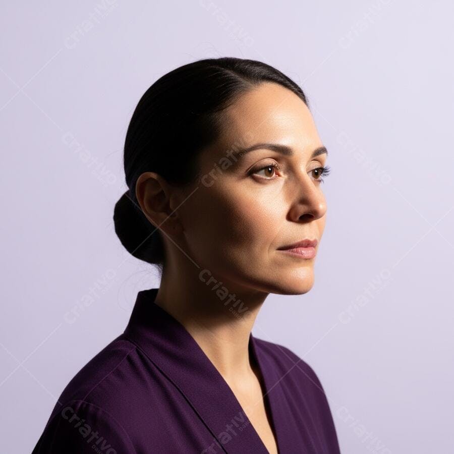Foto Retrato Mulher Morena Olhando para o Lado Fundo Roxo