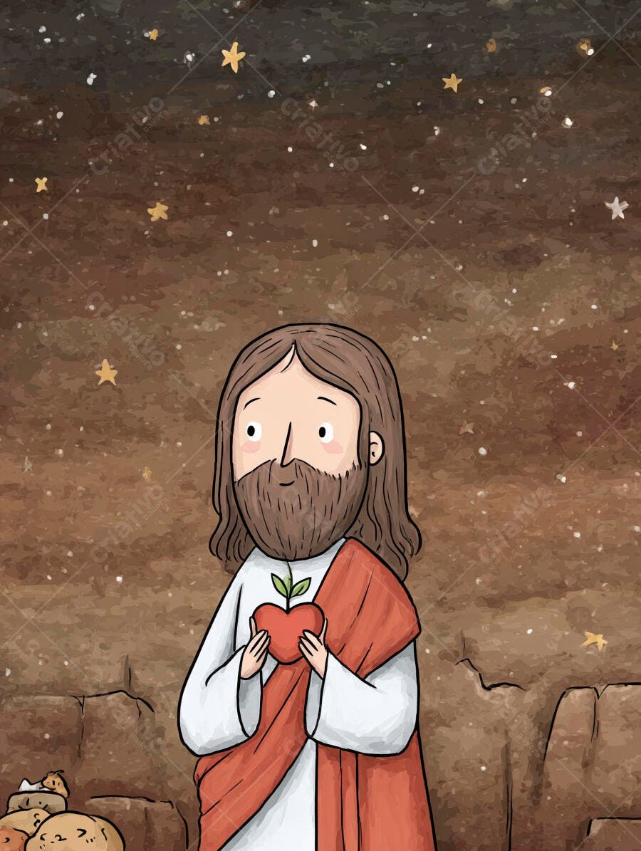 Jesus Cristo Segurando Coração com Broto Ilustração
