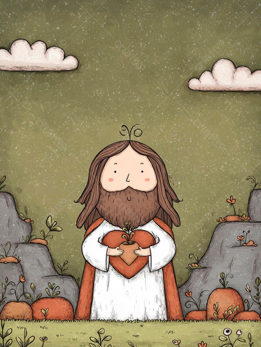 Ilustração Jesus Cristo Criança Coração Plantando Semente