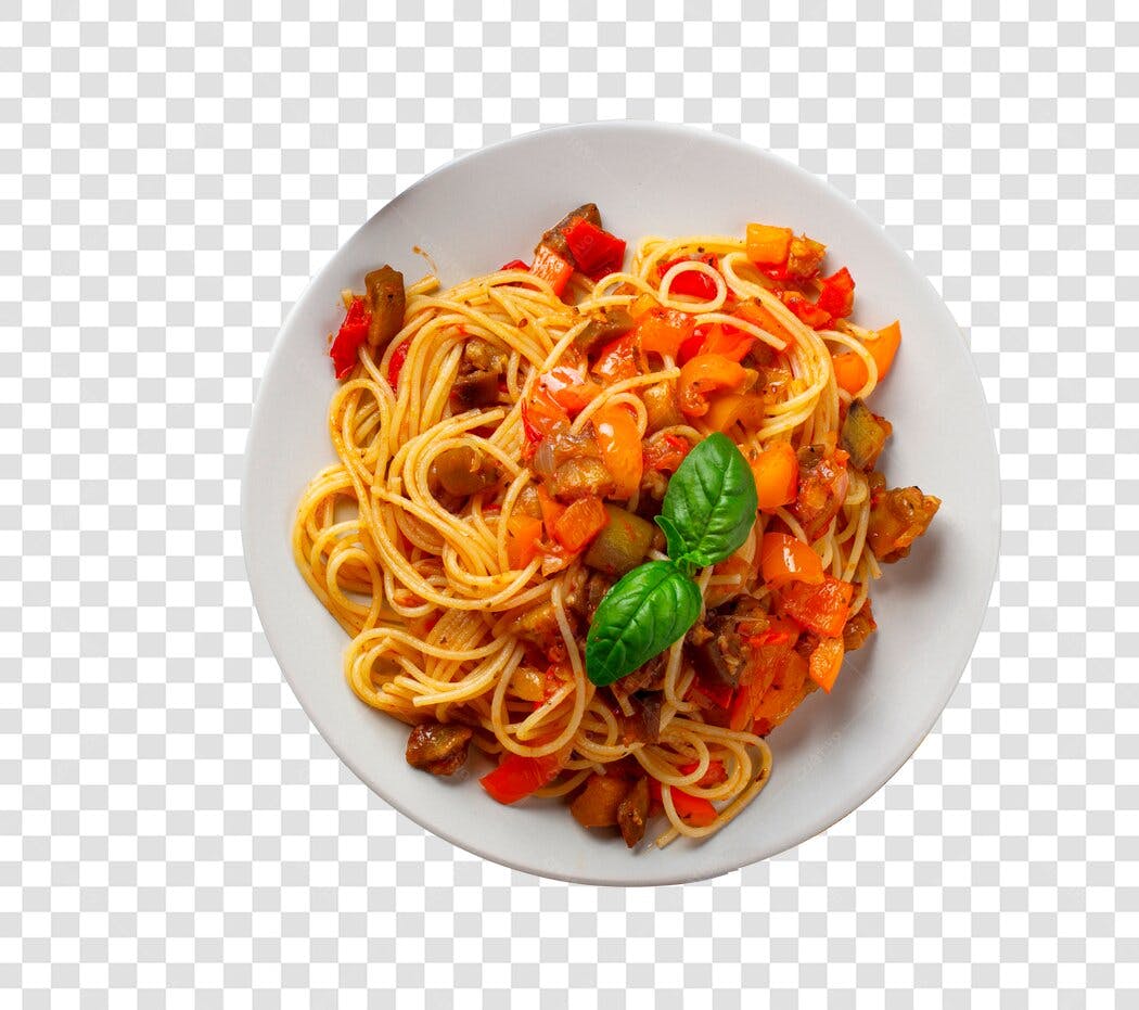 Foto Recortada Prato de Macarrão com Molho e Manjericão PNG Fundo Transparente