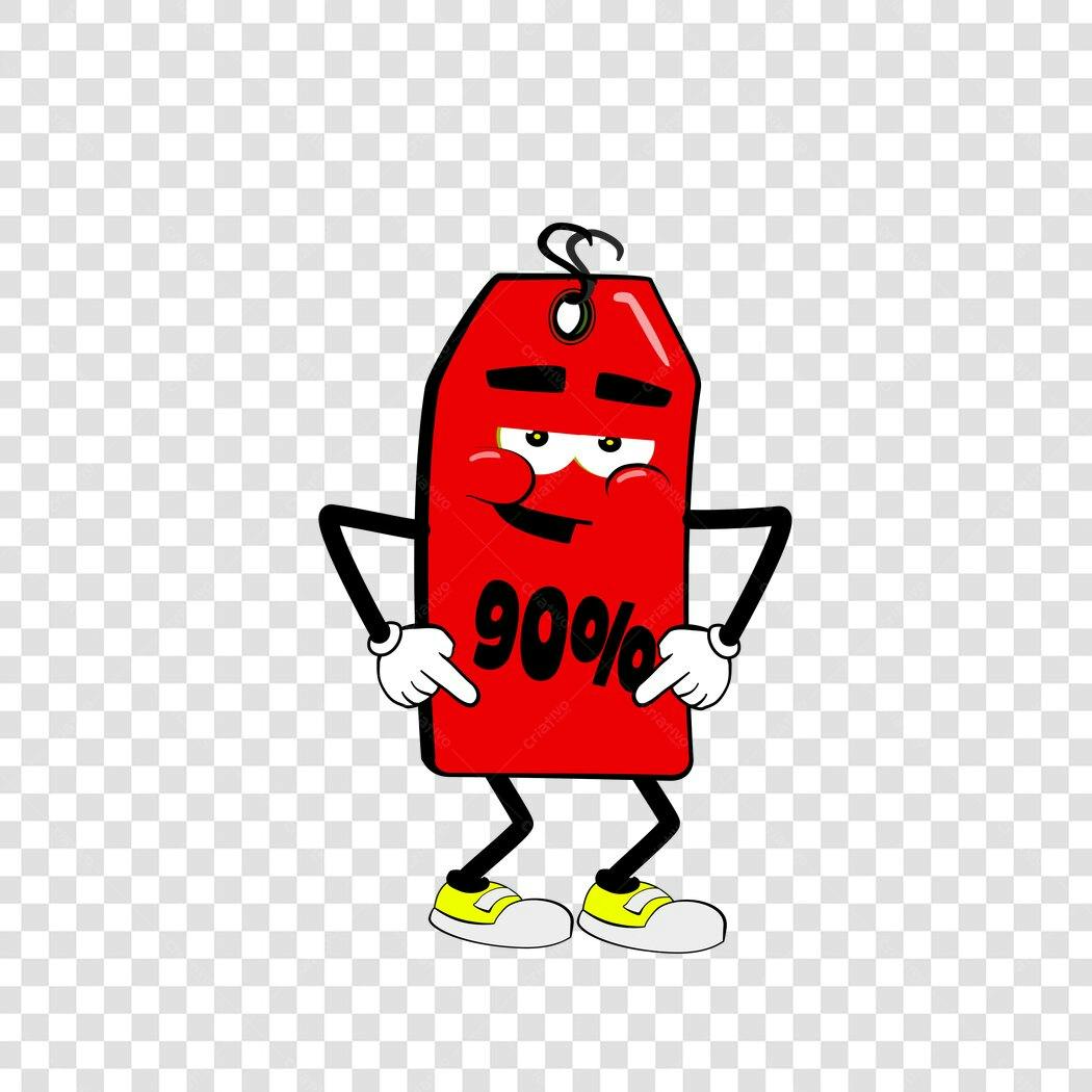 Personagem Ilustrado Etiqueta Desconto 90% Vermelha PNG Fundo Transparente