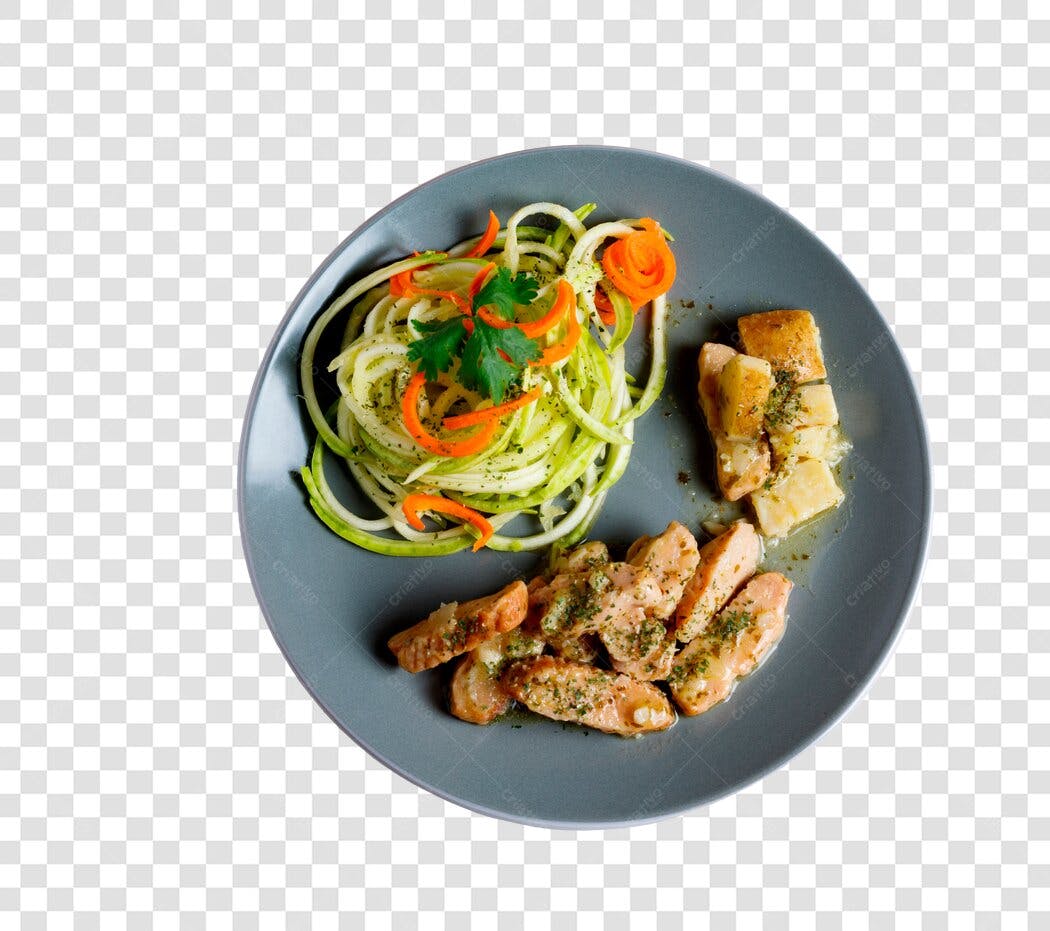Foto Recortada Prato Comida Saudável Salmão Macarrão Abobrinha PNG Fundo Transparente