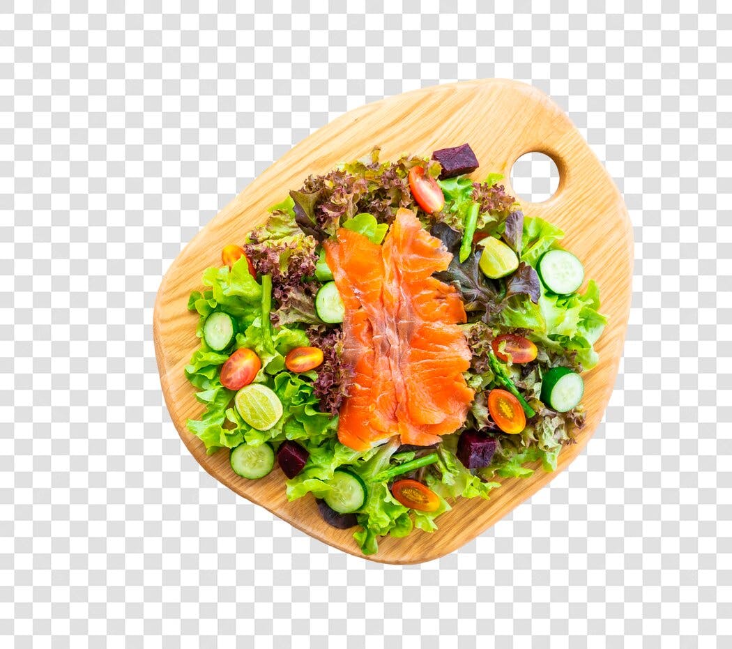 Foto Recortada Salmão Grelhado Salada Fresca PNG Fundo Transparente