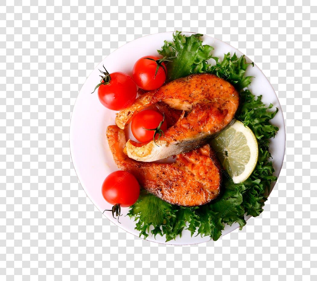 Foto Recortada Salmão Grelhado Tomate Limão PNG Fundo Transparente